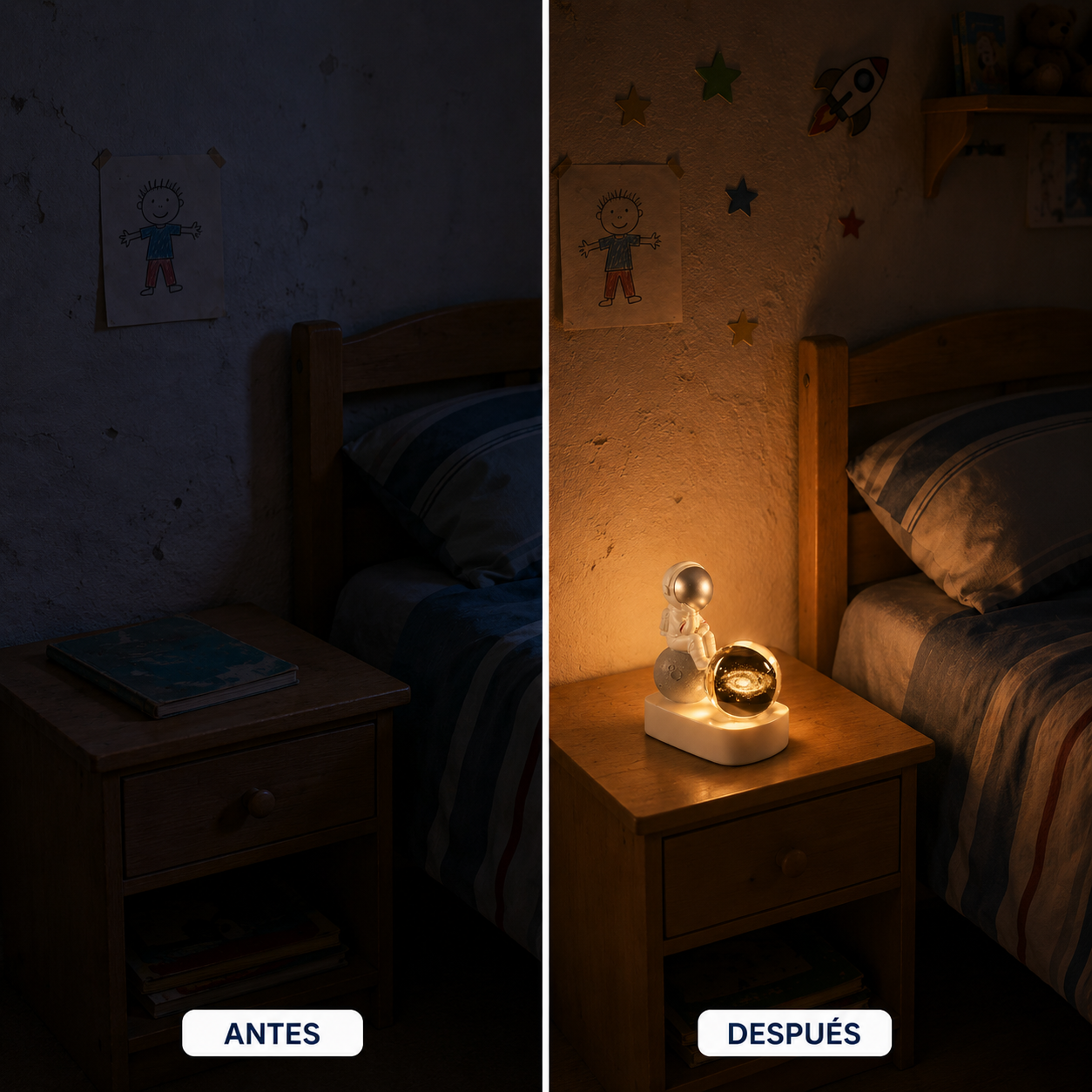 Antes y despu&eacute;s de una habitaci&oacute;n con l&aacute;mpara de astronauta
